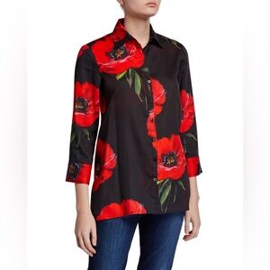 Finley Poppy-Print 3/4-Sleeve Button-Front Trapeze Shirt